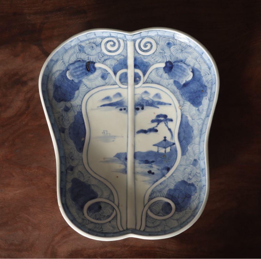 送料無料　江戸時代　後期　古伊万里　染付　山水図　軍配形　大皿　飾皿　希少作品