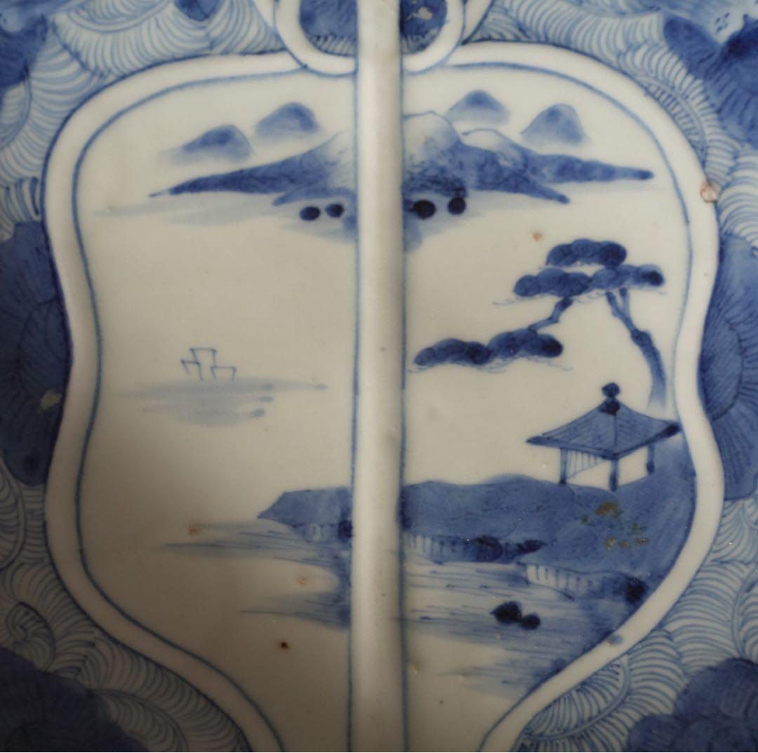 送料無料　江戸時代　後期　古伊万里　染付　山水図　軍配形　大皿　飾皿　希少作品
