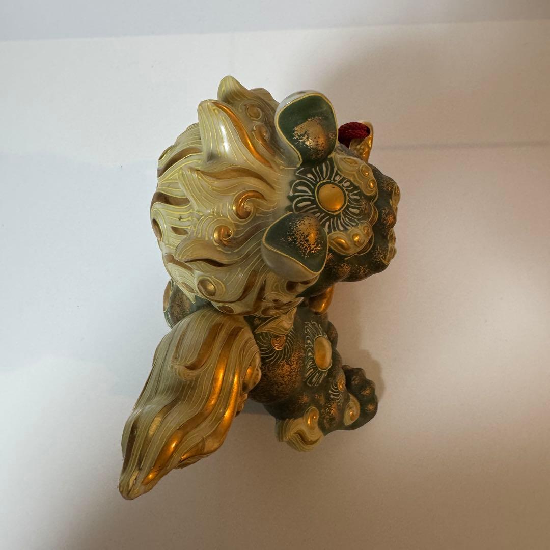 丸谷焼 陶器 獅子の置物 緑・金