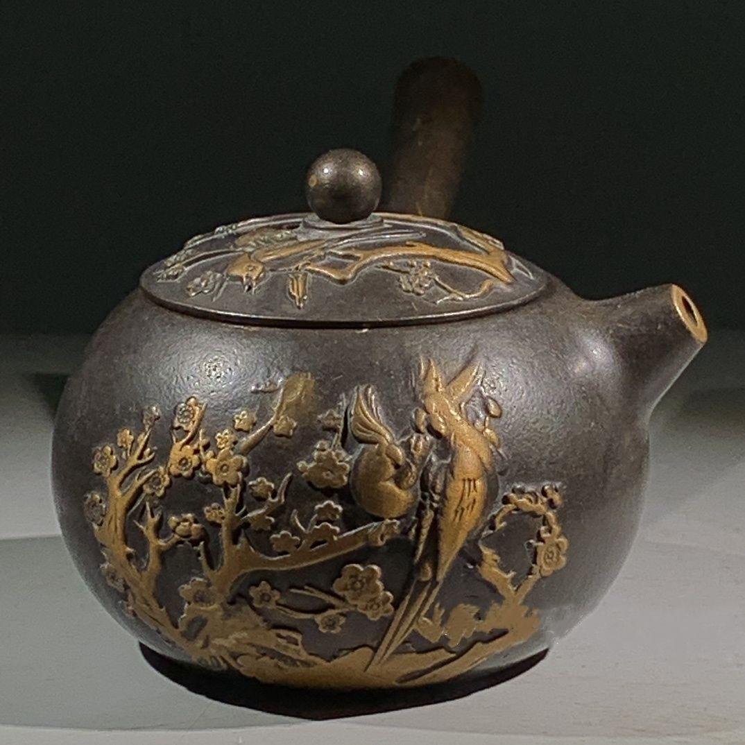 銅 細工 レリーフ歳寒三友松竹梅長把水筒 茶器 茶道具工芸品 美術品 置物