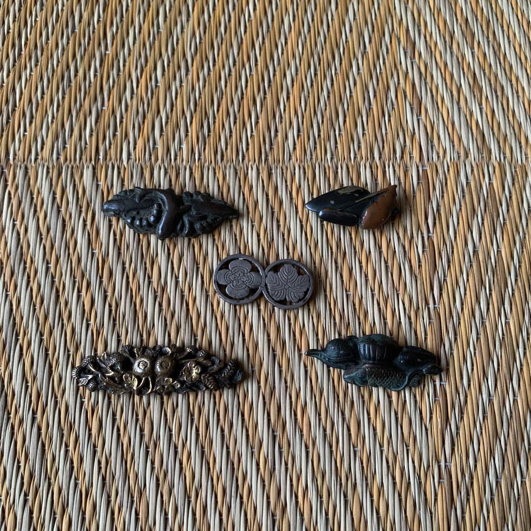 目貫 前金具 金工 家紋 菊 魚 蓮 5点