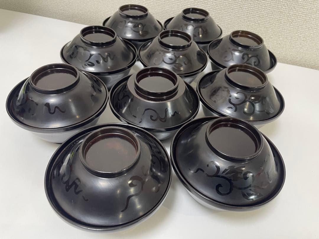 黒漆器 黒漆 内黒塗 漆器 吸物 懐石椀 煮物椀 10客 唐草柄 アンティーク