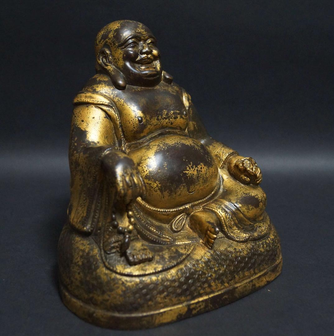 仏教美術 時代古金銅製 金工細工大型『布袋 弥勒菩薩』佛台像 置物 布袋尊 仏像