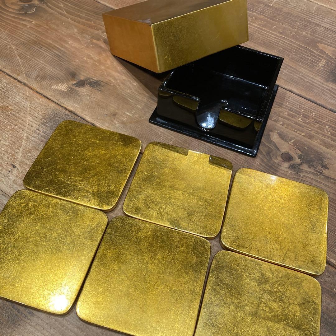 金箔貼りの漆器 もしくはコースター　6枚セット　箱に金箔はがれあり　中古