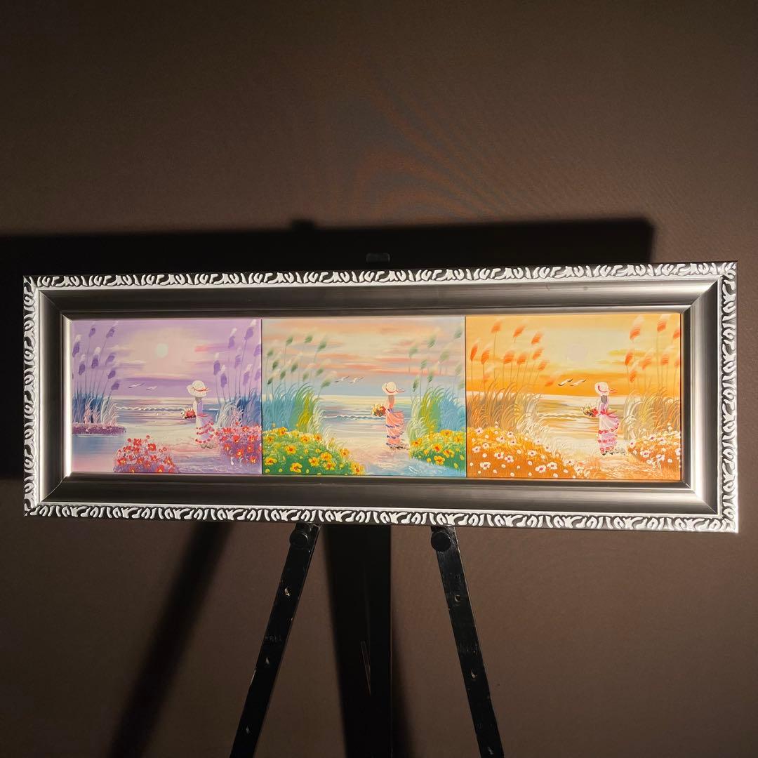 手書き油絵 ３枚組 海を眺める少女 額付き インテリア 油彩画 肉筆絵画