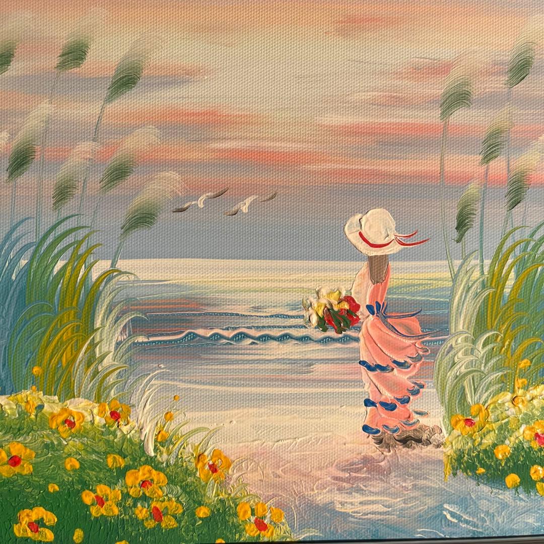 手書き油絵 ３枚組 海を眺める少女 額付き インテリア 油彩画 肉筆絵画