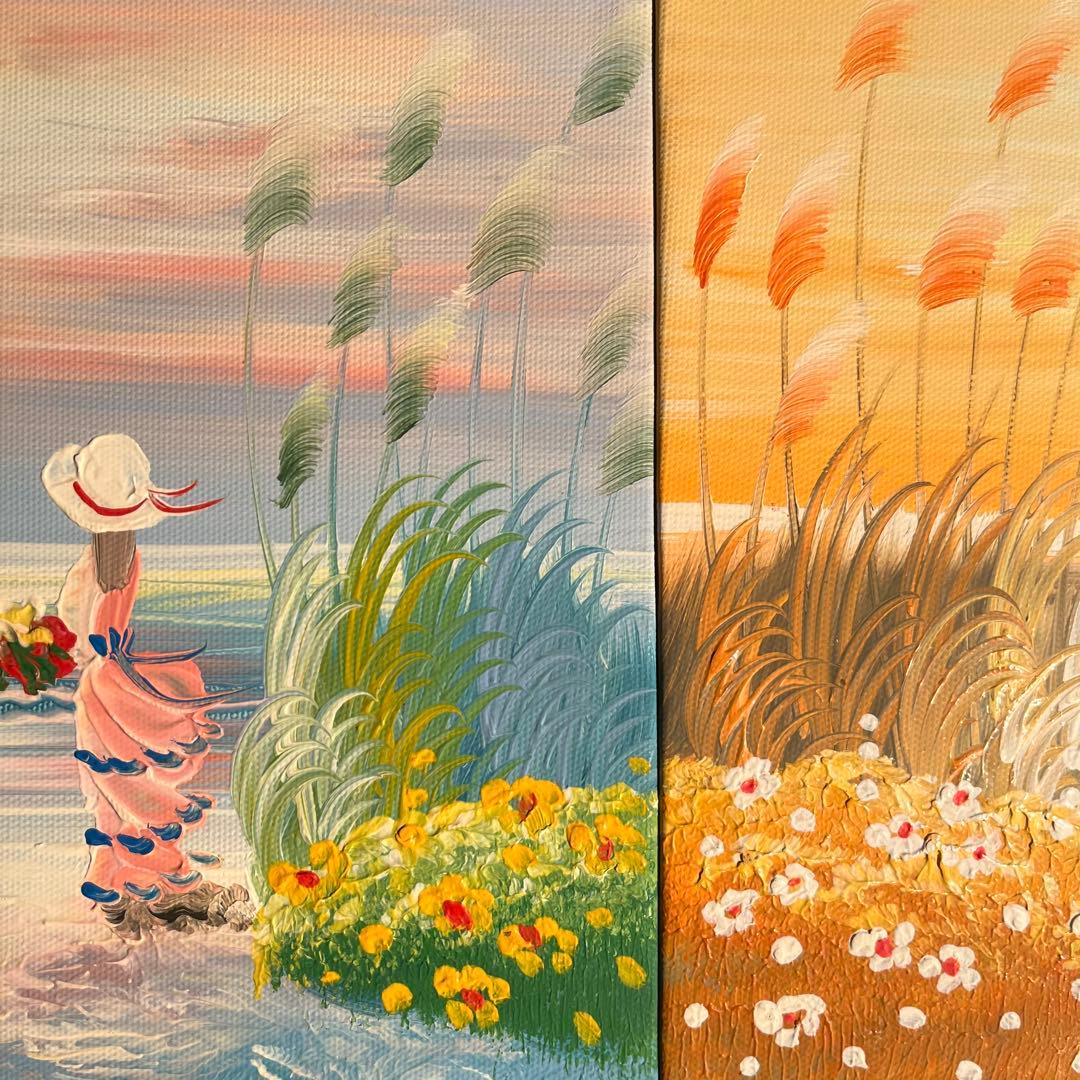 手書き油絵 ３枚組 海を眺める少女 額付き インテリア 油彩画 肉筆絵画