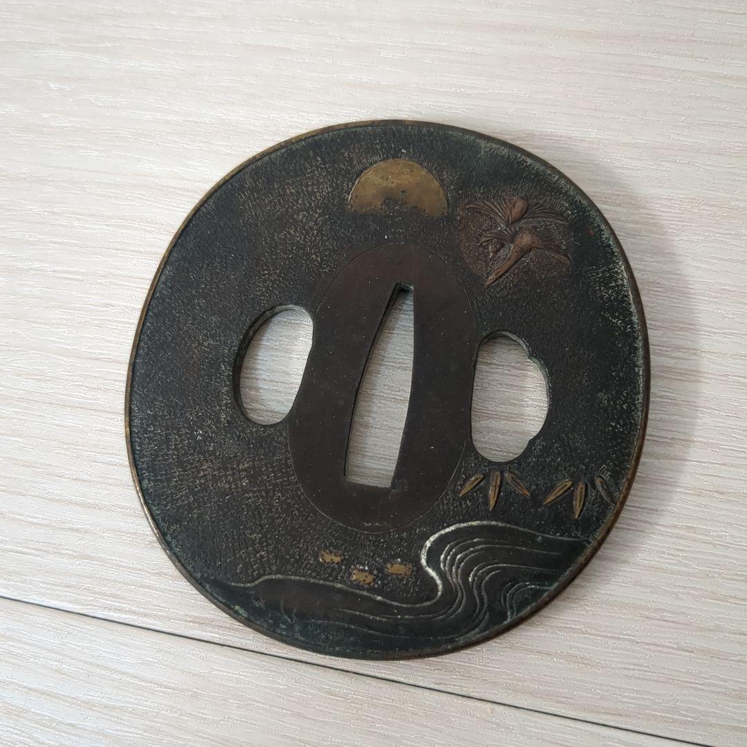 日本刀　鍔　つば　金象嵌　鶴　刀装具　武具　風景画