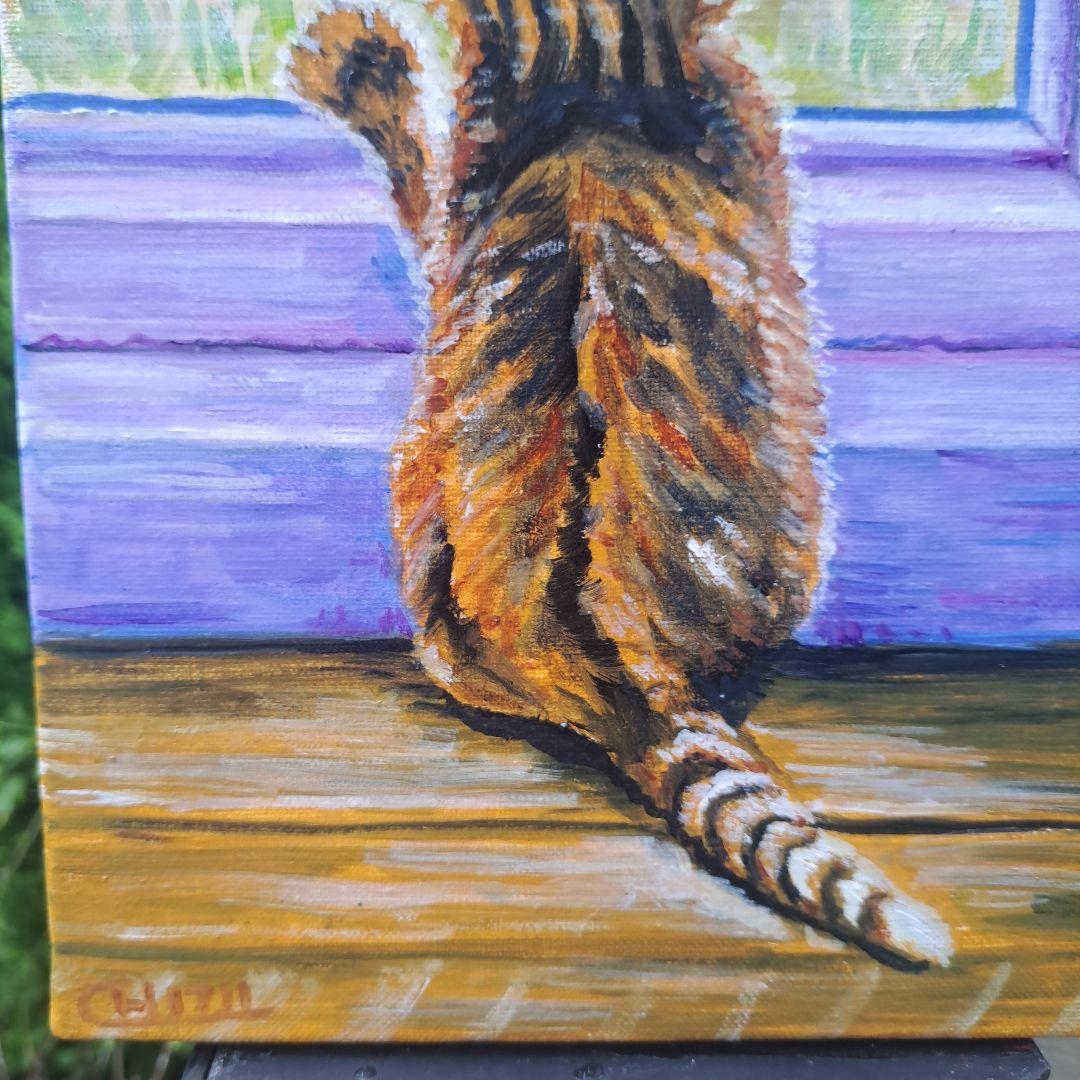 キャンバス油絵 　専用　立ち上がって 外を見ている子猫