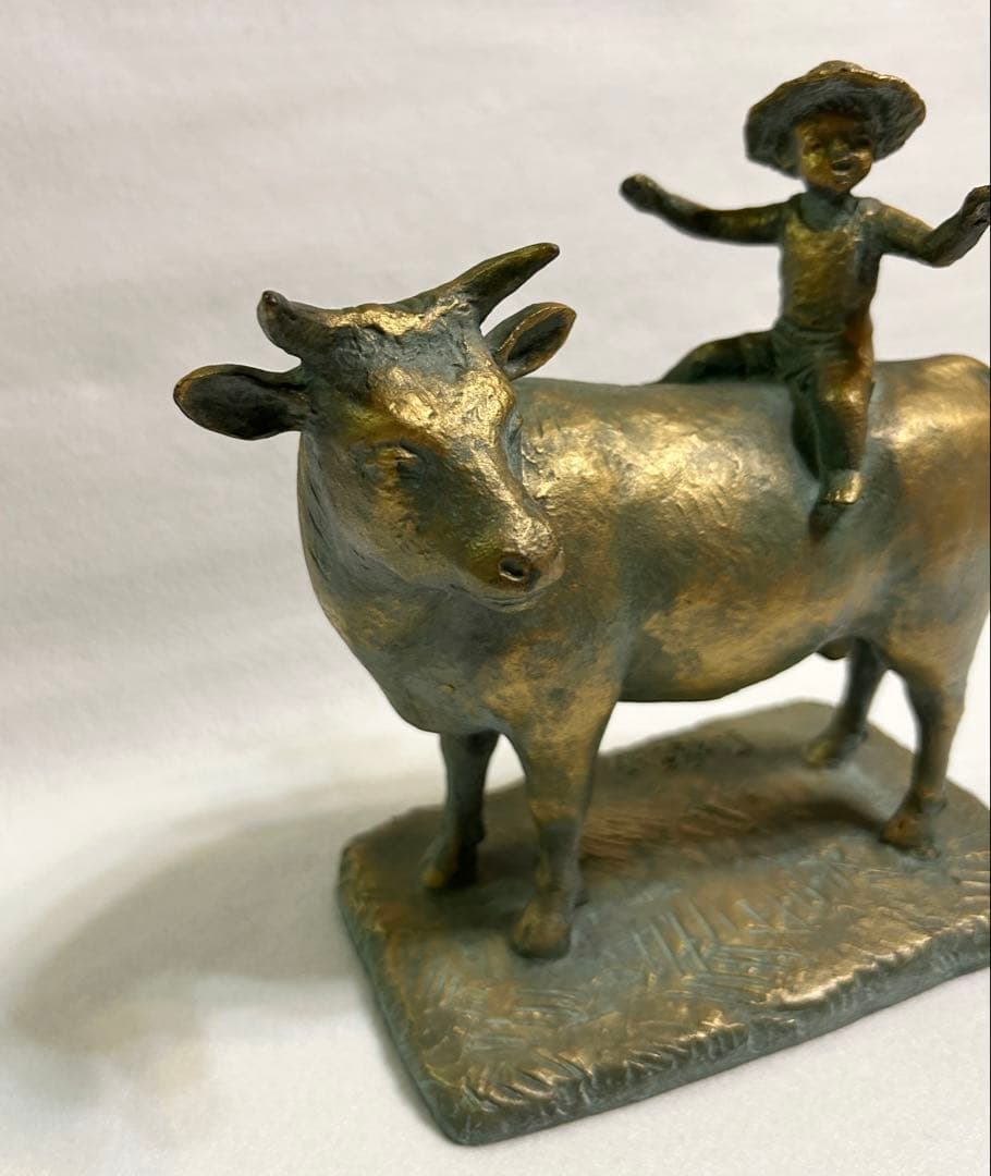 富永直樹 牛と少年 置き物 飾り物 銅像 銅製 丑 ブロンズ像 美術品 工芸品