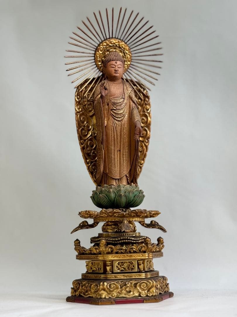 T 仏教美術 木彫金彩手仏像 阿弥陀如来立像 高さ34㎝ 浄土宗 浄土真宗