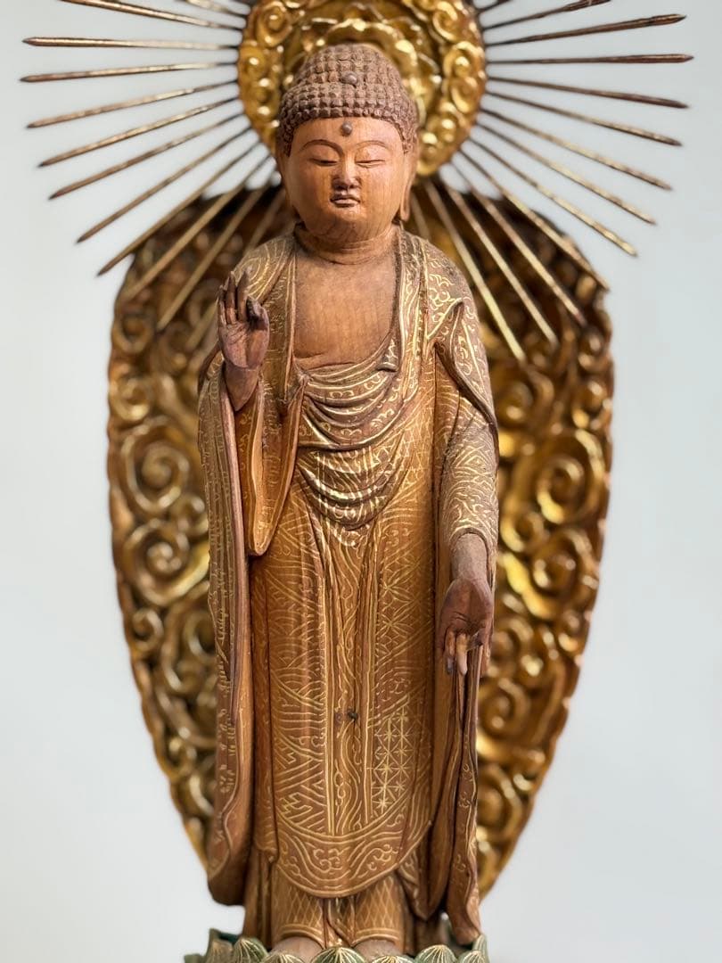 T 仏教美術 木彫金彩手仏像 阿弥陀如来立像 高さ34㎝ 浄土宗 浄土真宗