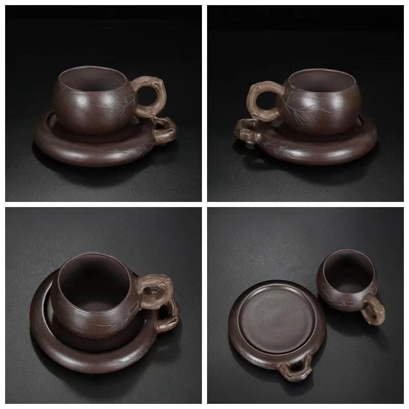 中国古美術・松針紫砂壺セット・底款蔣蓉紋・宜興原鉱・紫泥急須・茶壺・茶道具・置物