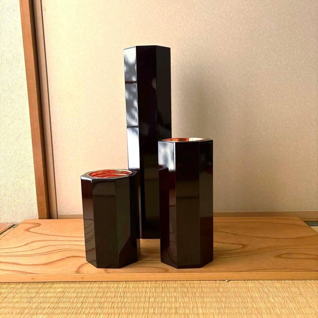 60 美品！短三管筒　3本セット　溜塗り　華道　生花　格花　花器