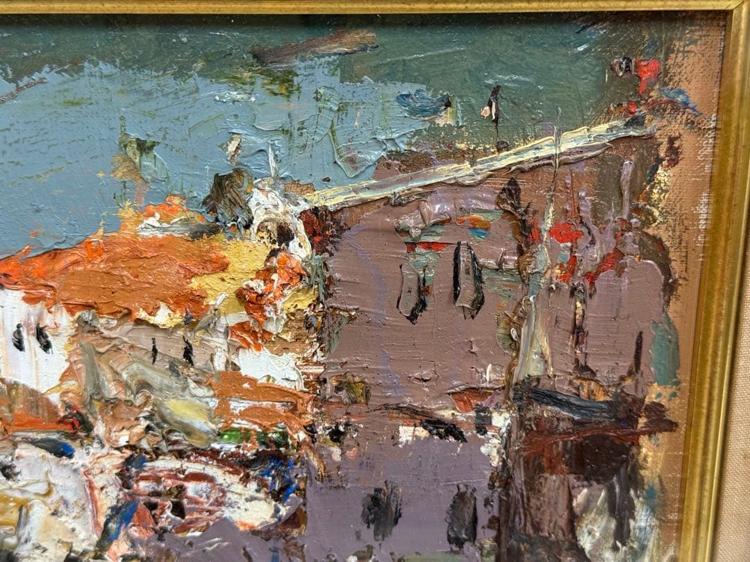 真作 友成晴雄 街角F4号 油彩画 油絵 風景画 直筆サイン