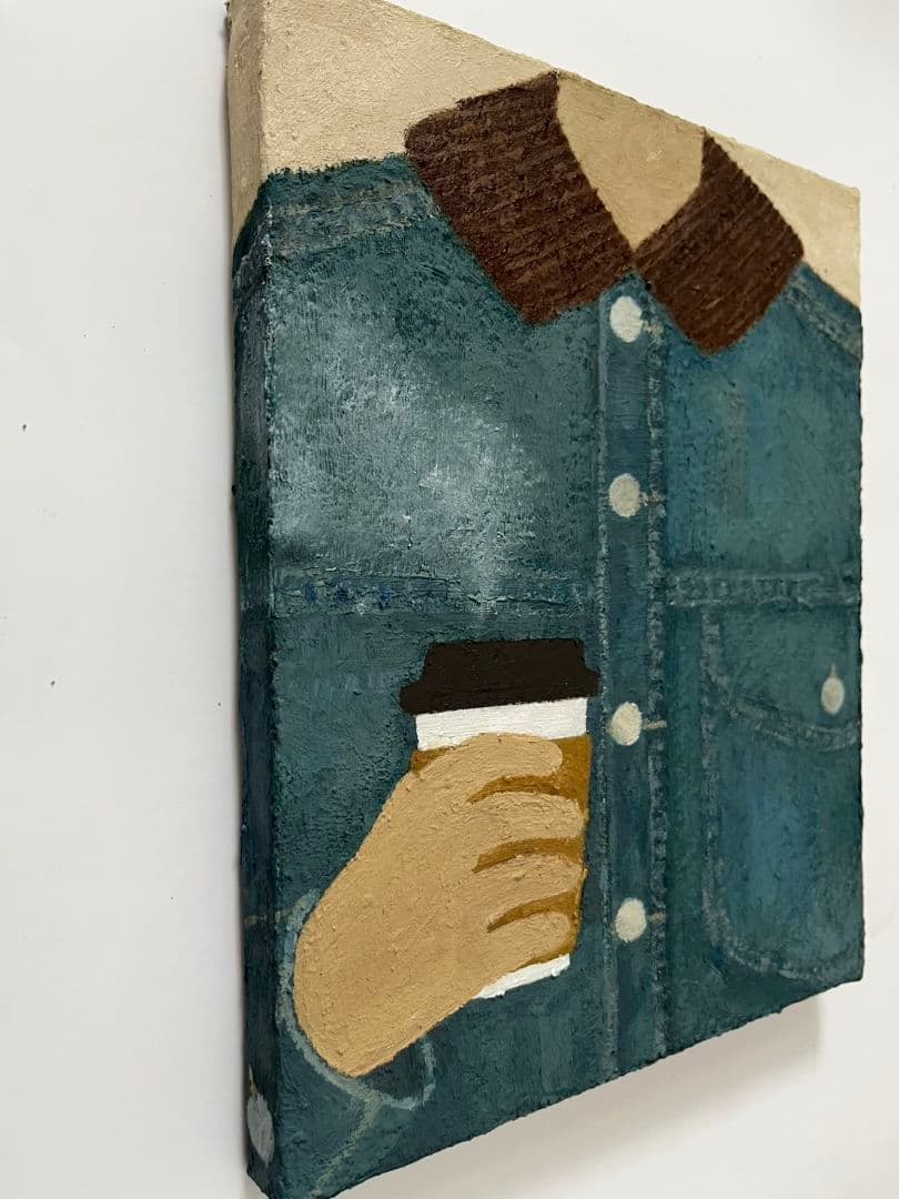 油彩画　ホットコーヒーとデニムジャケット