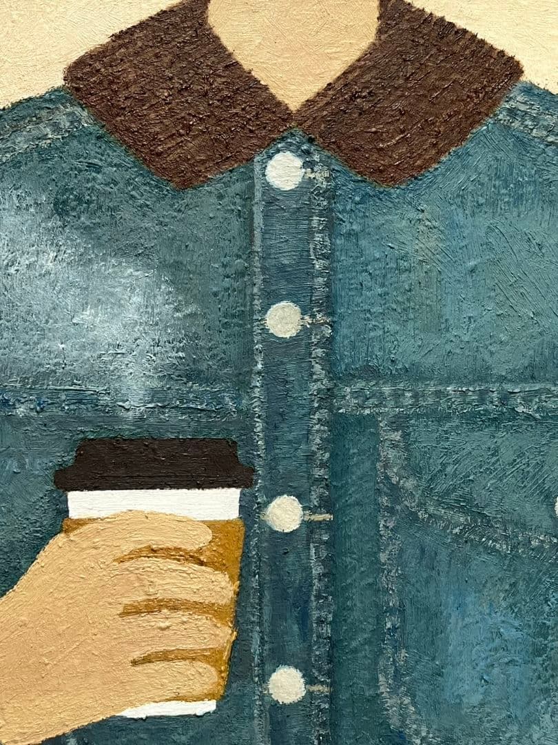 油彩画　ホットコーヒーとデニムジャケット