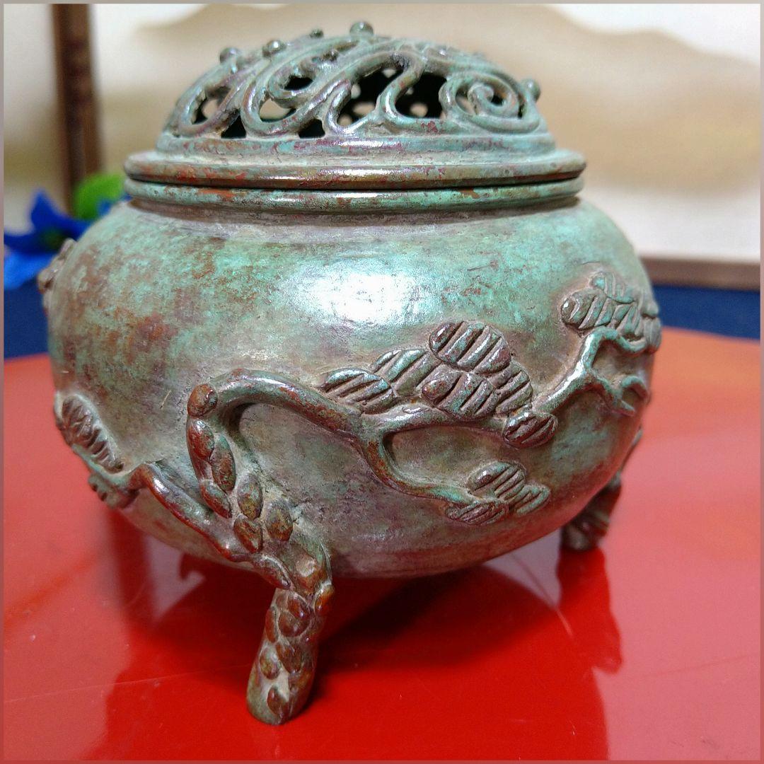AH10 須賀月芳 香炉 松竹梅 三足 共箱 共布 栞 未使用 高岡銅器 蝋型