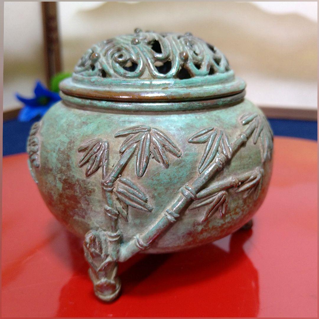 AH10 須賀月芳 香炉 松竹梅 三足 共箱 共布 栞 未使用 高岡銅器 蝋型