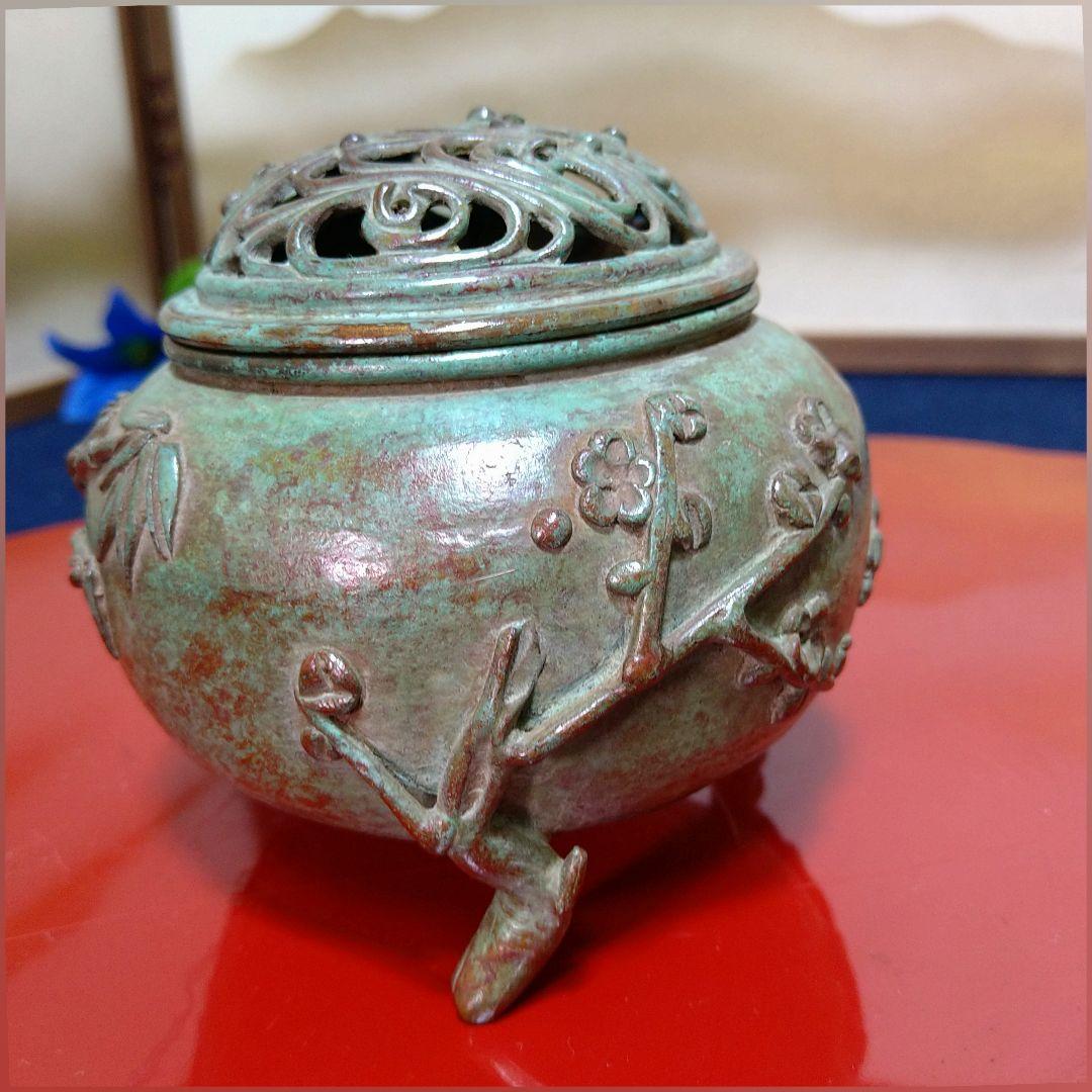 AH10 須賀月芳 香炉 松竹梅 三足 共箱 共布 栞 未使用 高岡銅器 蝋型