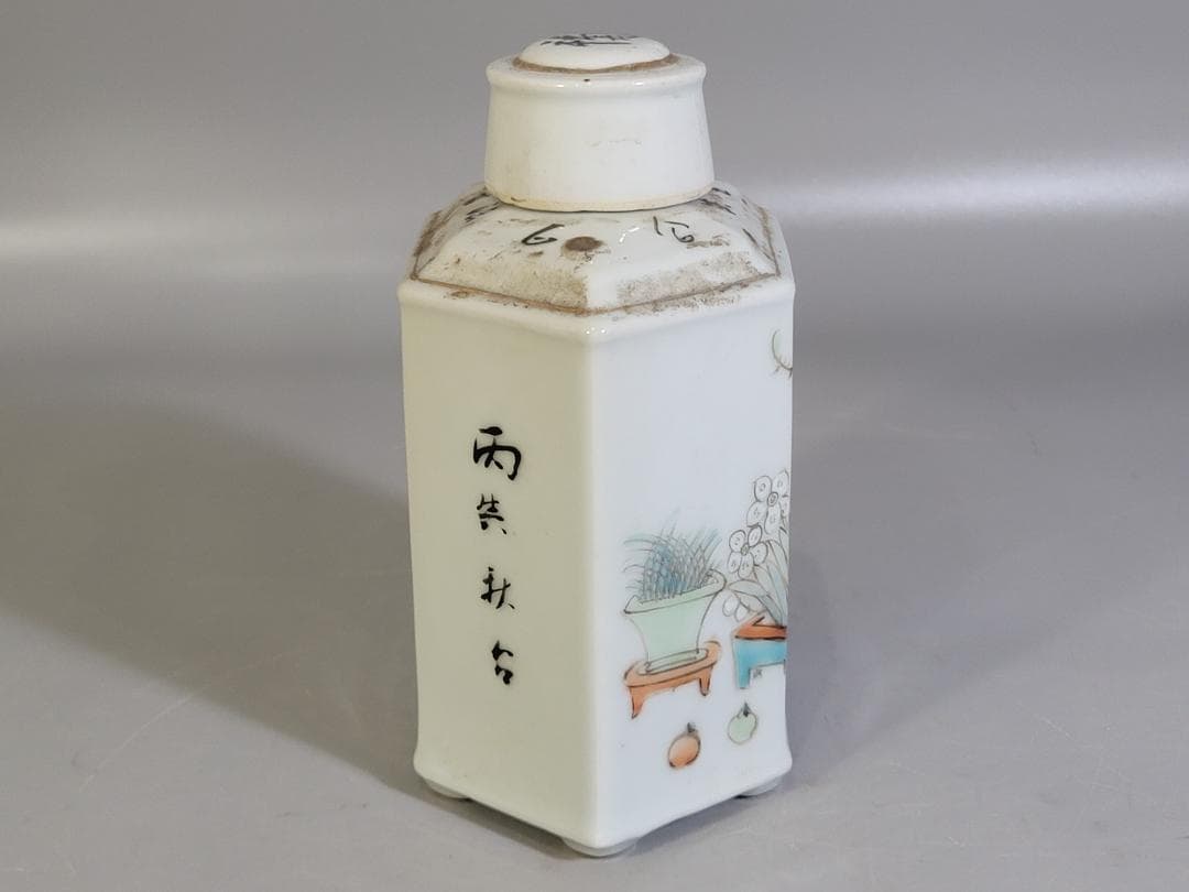 中国 色絵 花盆絵 六方 茶壷 DT448