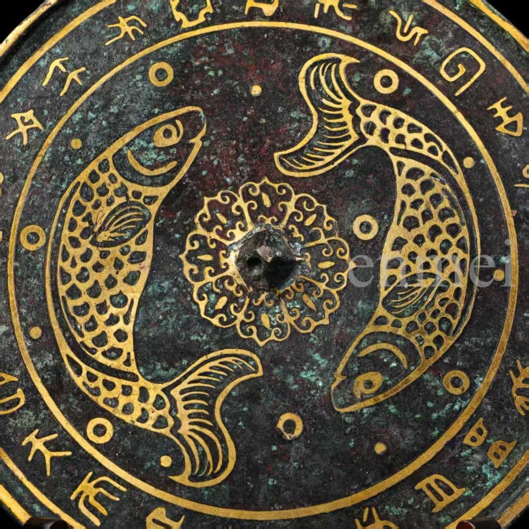中国古美術・珍品旧藏・ 魚文様・錯金青銅鏡・装飾円盤・純銅製・文房置物・風水開運