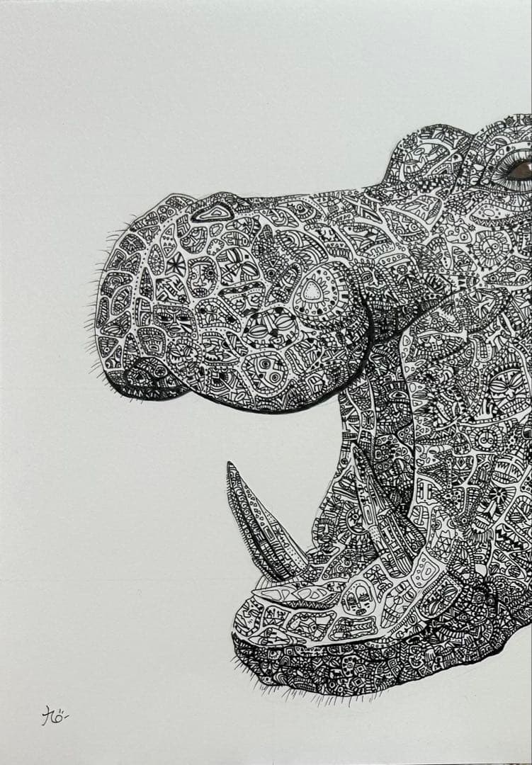 カバ　動物ペン画No.18