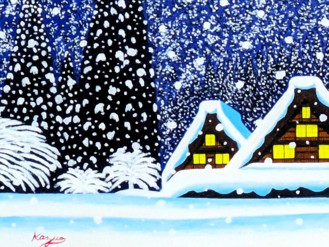 ★冬の白川郷・肉筆油彩画・F6キャンバス