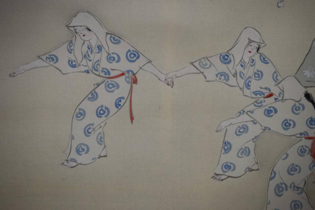 真作/服部有隆/盆踊り図/豊年踊り/桐共箱付/布袋屋掛軸HG-994