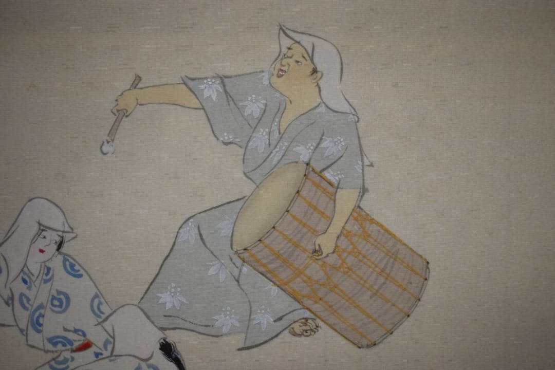 真作/服部有隆/盆踊り図/豊年踊り/桐共箱付/布袋屋掛軸HG-994