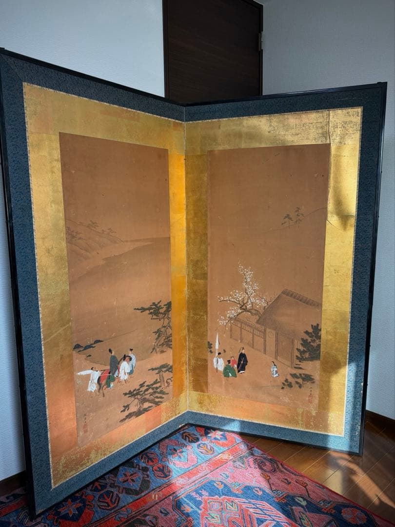伝統的な日本屏風 大型 金屏風 二曲屏風 アンティーク