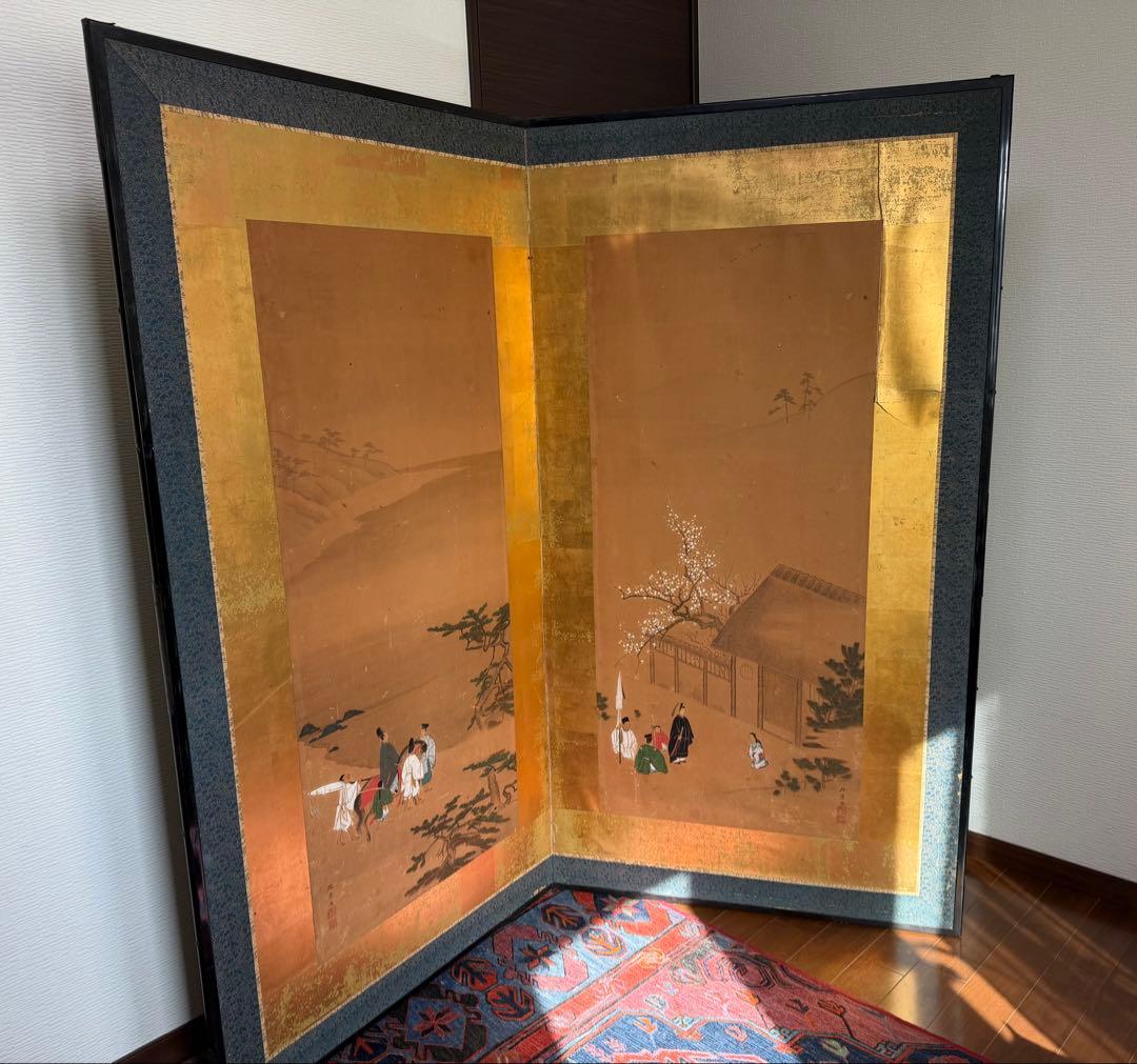 伝統的な日本屏風 大型 金屏風 二曲屏風 アンティーク