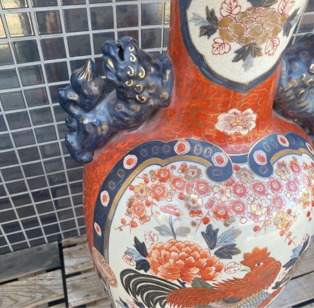 伊万里焼 大花瓶 壺 金襴手 花鳥文 骨董品 稀少 高さ76cm 狛犬