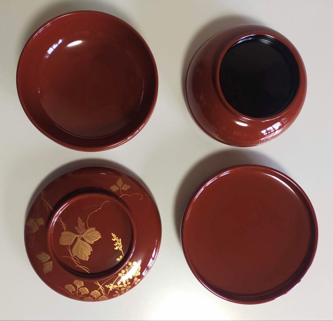 輪島塗　朱塗 大平椀　磨蒔絵 秋草の図　4客