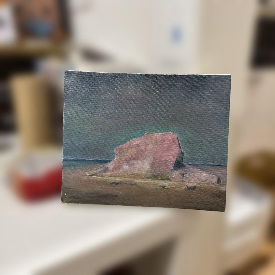 海と岩の風景画 小型油彩画 F3