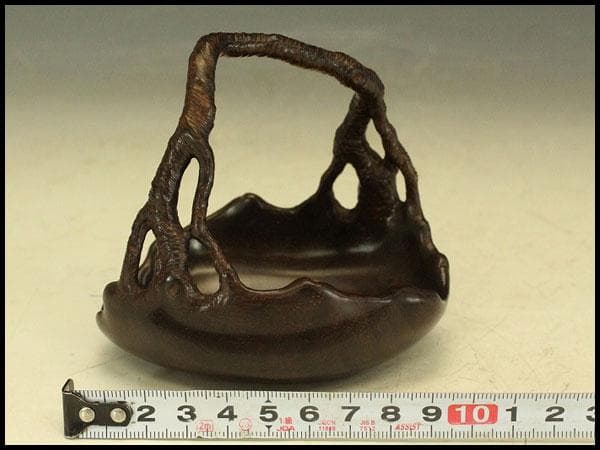 紫檀 刻 手付 皿 文房四宝 卓上飾 高9.4cm(HA491)