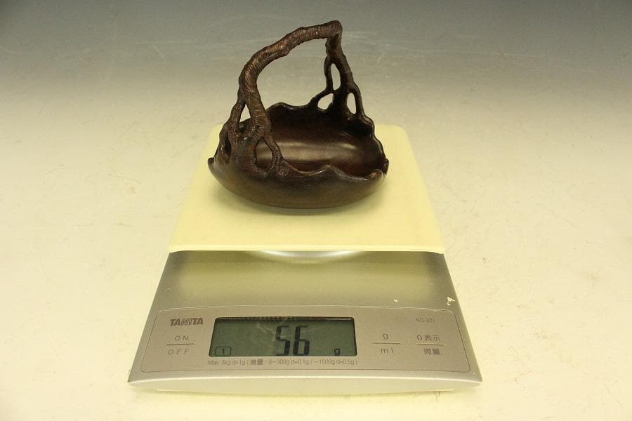 紫檀 刻 手付 皿 文房四宝 卓上飾 高9.4cm(HA491)