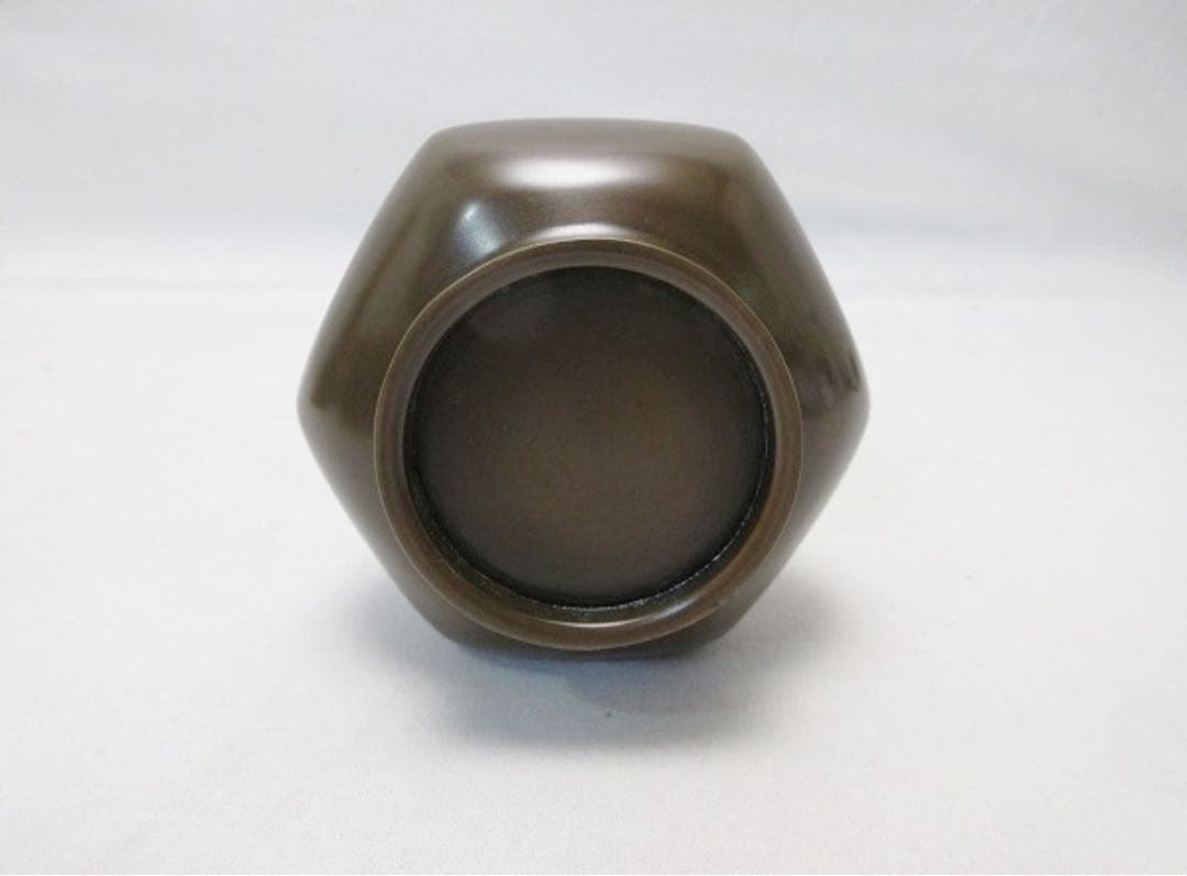 未使用 華道具 三代 上川宗伯作 唐銅亀甲鶴首花瓶一輪挿 重さ約 0.8kg共箱