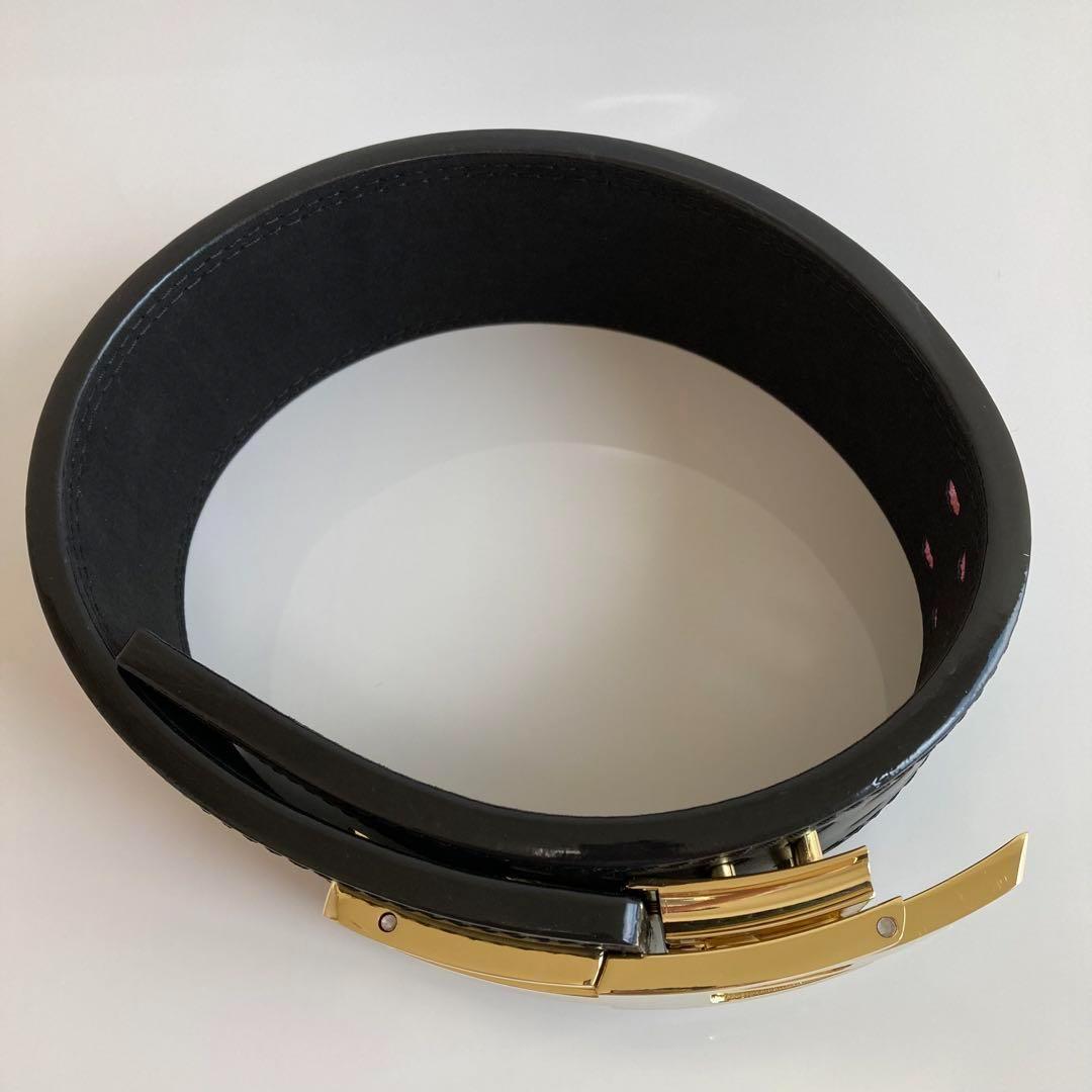 【訳アリ】 パワーベルト レバーアクション 本革 ワンタッチ可変式 黒×ゴールド
