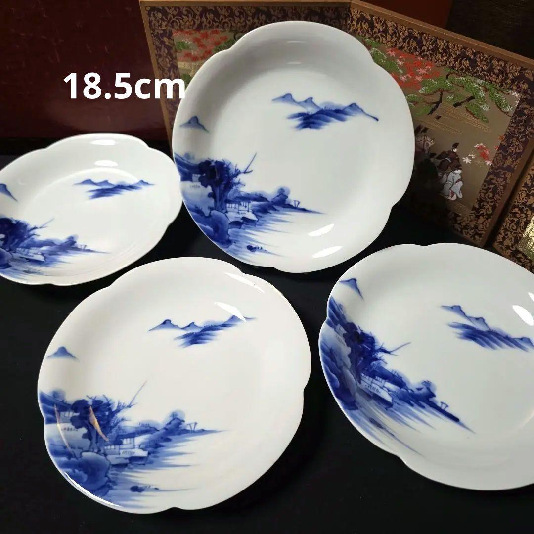 源六焼　富永源六　染付山水文　高台 輪花皿　中皿　18.5cm　4枚　 三つト印