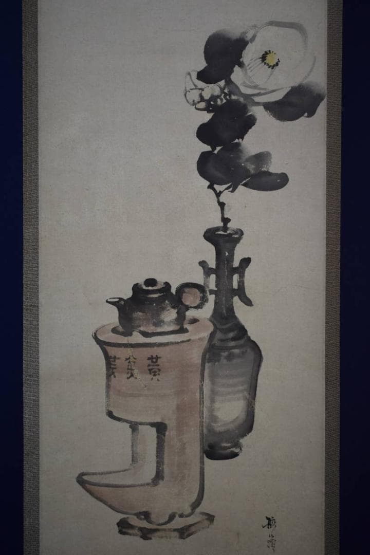 真作/幸野楳嶺/椿図/煎茶/花瓶/桐箱二重箱付/布袋屋掛軸HG-275