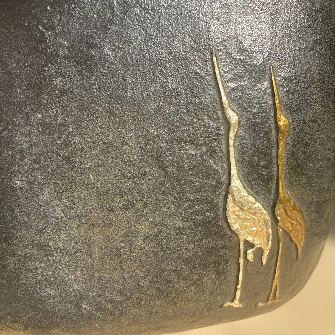 金色の鶴と亀の象嵌　花器 置物　高岡銅器