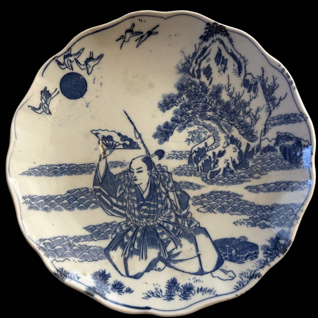 古伊万里 染付 輪鼻皿 人物文様 皿 アンティーク 鶴文 花形皿 かざりさら