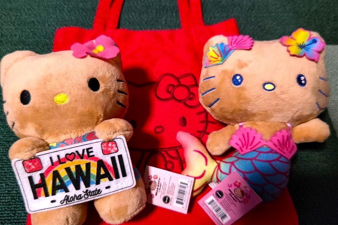 ◎ハワイ限定 ぬいぐるみ日焼けキティ人魚マーメイドとナンバープレートキティ2点