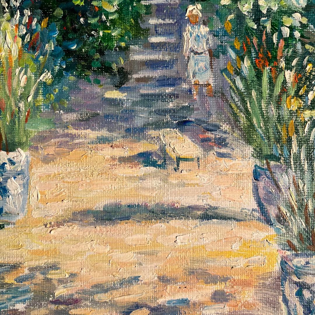 ★秀作★手書き油絵 クロード・モネ ヴェトゥイユの画家の庭 額付 絵画 油彩画