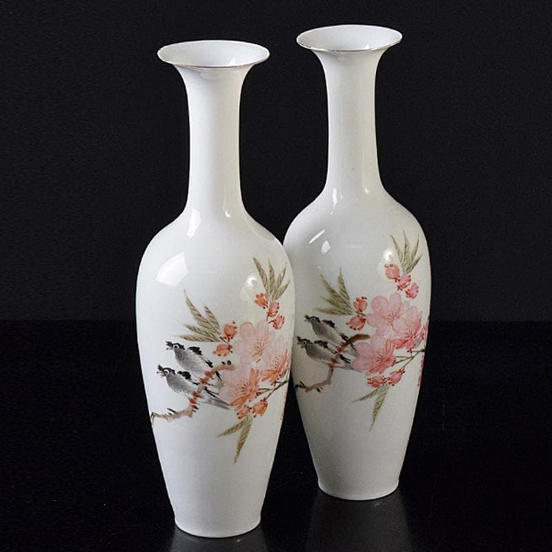 中国　中国景徳鎮製　薄胎　粉彩　漢詩花鳥文瓶　一對　C　R8384