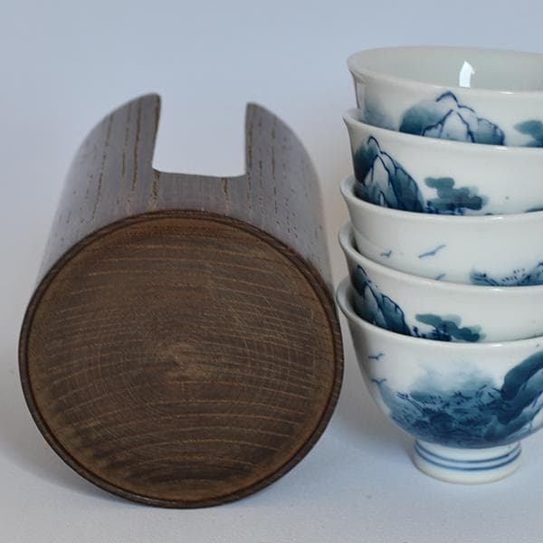 煎茶道 神代タモ碗入＋染付煎茶椀5客セット23