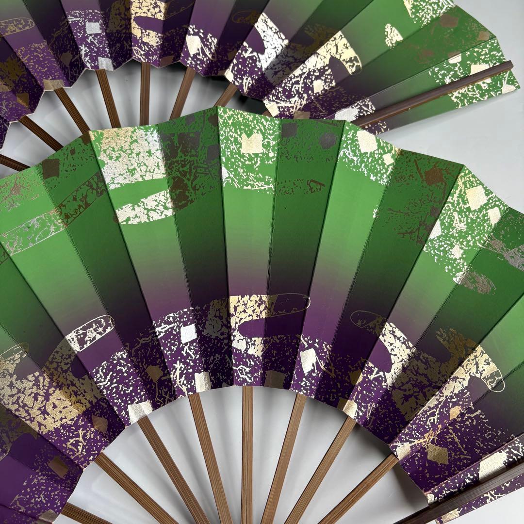 (906)舞扇　7本セット　雲柄　緑　紫　金銀　煤竹