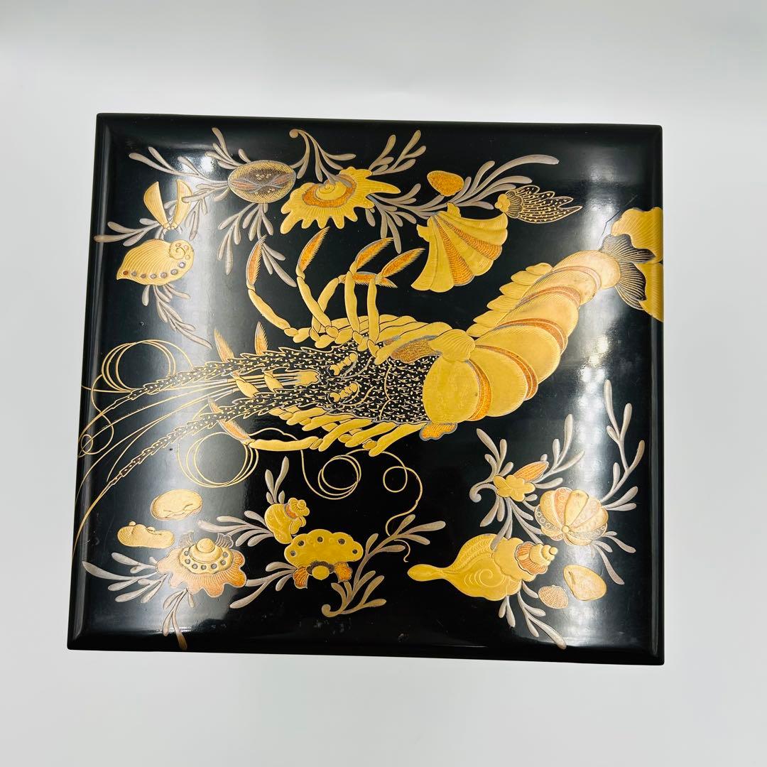 【海老海鮮尽くし蒔絵重箱　段重　お節料理】骨董　アンティーク　インテリア