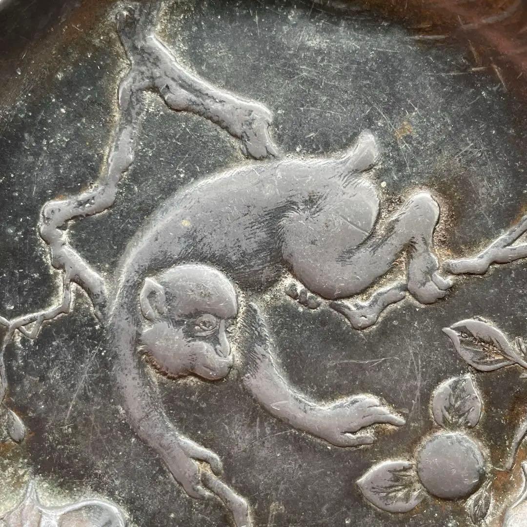 茶道具　銅地　鍍銀　猿　小皿　置物